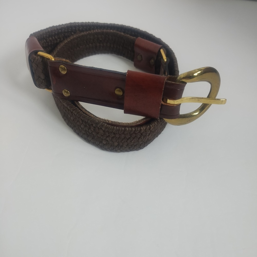 Vintage Garay Woven and Leather Belt Womens Large Gold Buckle Equestrian Classic